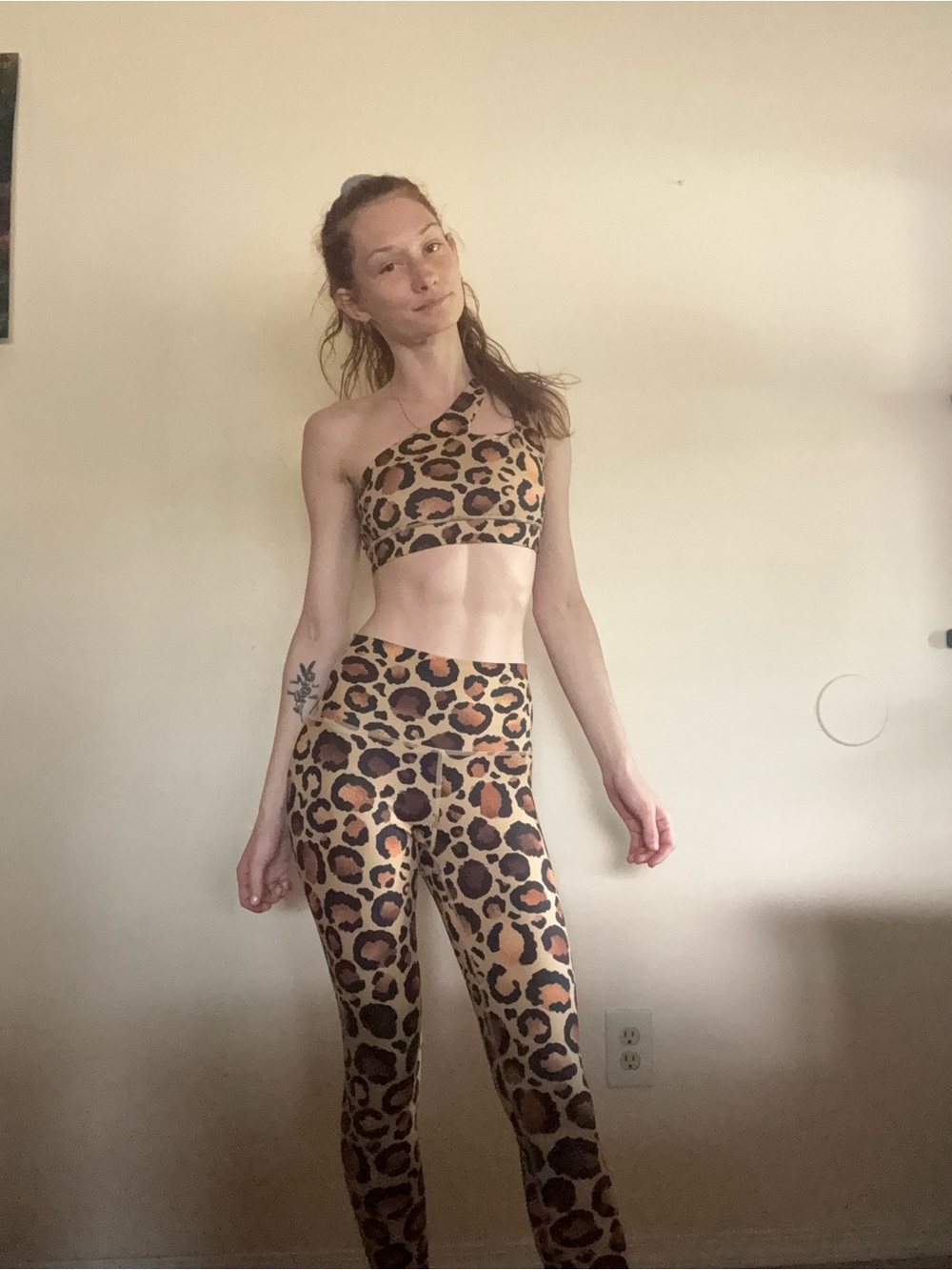 BMVMNT Leopard Print One-Shoulder Sports Bra and Legging Set - Brown